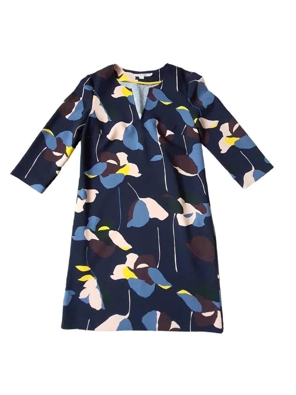 Boden Navy Floral Long 3/4 Sleeve Mini Dress Pockets Split V-neck Size 2R